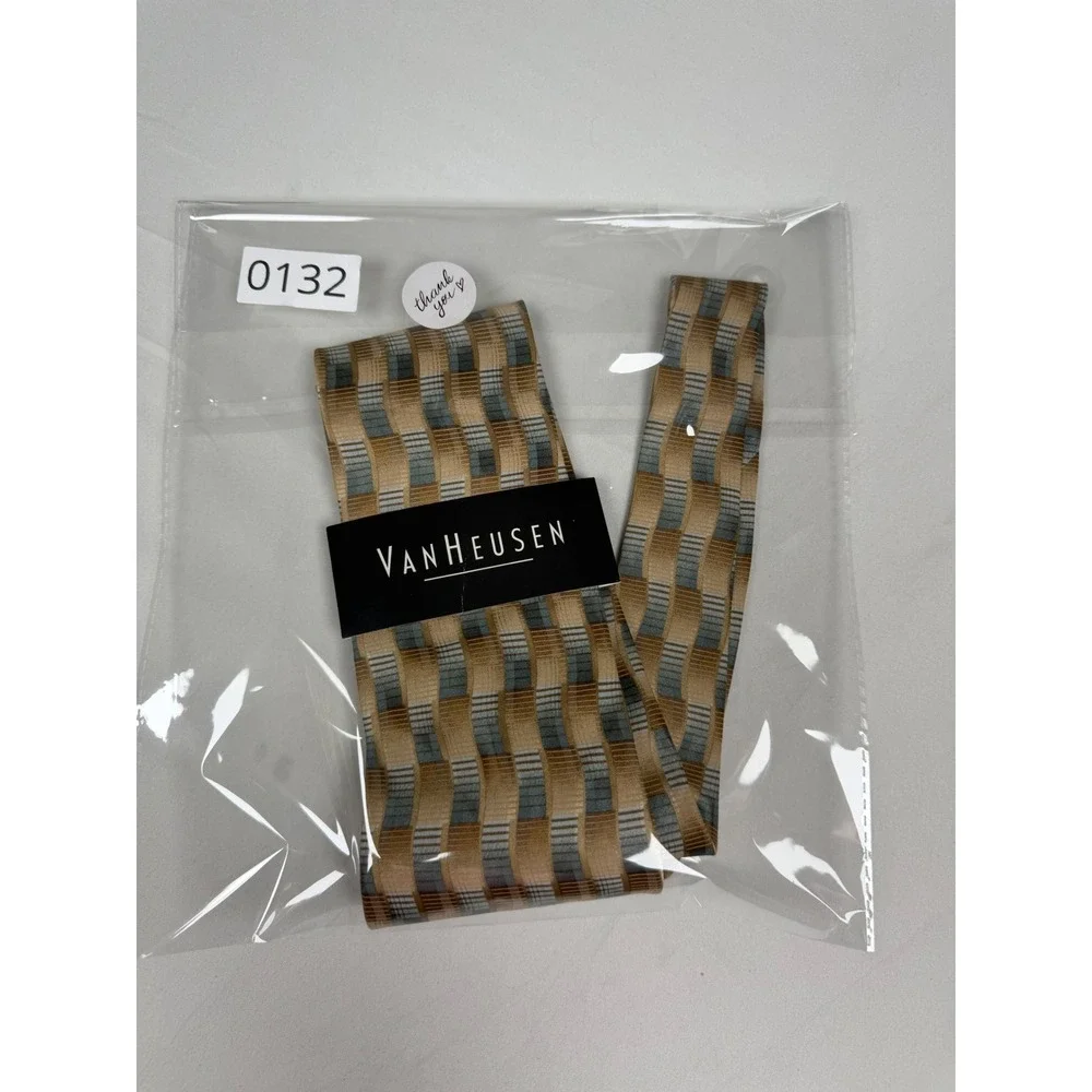 Van Heusen Mens Silk Tie Gold Tan Grey Geometric Block Pattern Hand Made Necktie